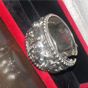 Vintage Decorative Silver-Tone Floral Relief Cuff Bracelet